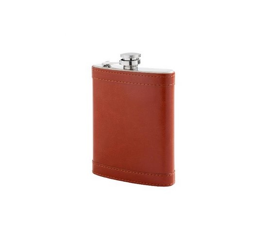 Rozsdamentes acél flaska, laposüveg világosbarna műbőr borítással - 8 oz. = 2.24dl